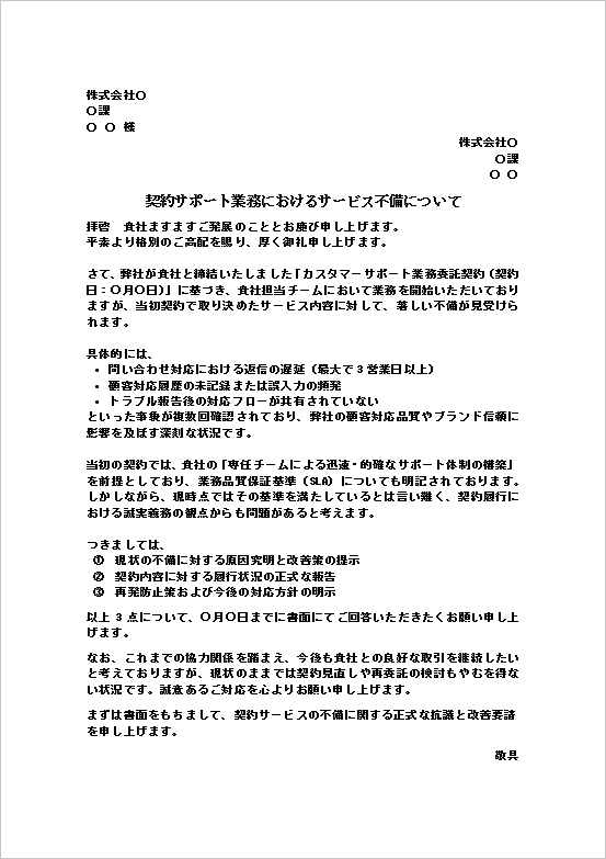 A4縦　カスタマーサポート委託契約のサービス不備（法人間）による契約サービスの不備に関する抗議文