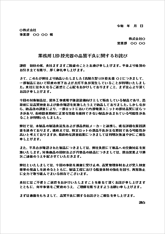 業務用LED投光器の品質不良に関するお詫び状テンプレート。点灯不良や照度低下への対応を説明したビジネス文書。