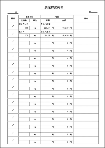 農産物出荷表のテンプレート