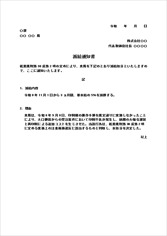 雛形1：業務上の注意義務違反による減給通知書のWord雛形。減給処分を通知する社内文書の文例。