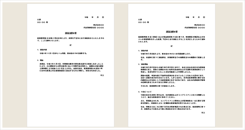 減給通知書の雛形（Word）の無料ダウンロードページ。減給処分に対応した編集可能な社内通知書の雛形。