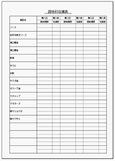無料でダウンロードできる調味料の在庫表の雛形
