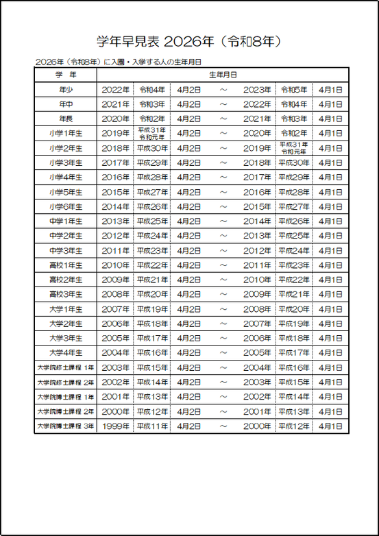 雛形1：A4縦用紙　詳細版2026年（令和8年）学年早見表 白黒版