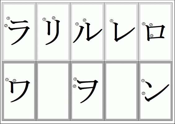 無料でダウンロードできる書き順つきカタカナ練習カード：ラ～ン