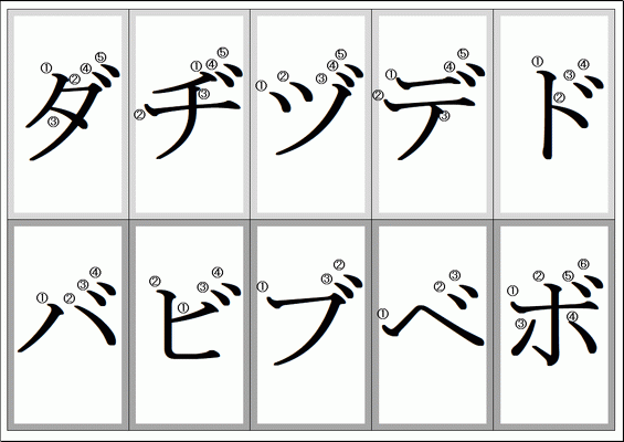 無料でダウンロードできる書き順つきカタカナ練習カード：ダ～ボ